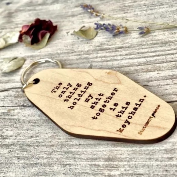 HOLDING MY SH** TOGETHER Handmade Organic Wood Motel Style Engraved Keychain NWT - Picture 2 of 3